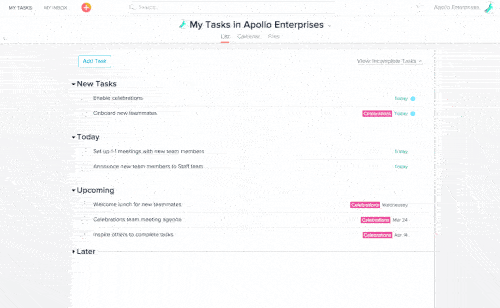 A task being completed in-app in Asana, after completion it turns blueish then collapses, then a blue unicorn flies in from the bottom left of the screen flies out to the top right of the screen.
