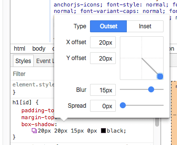 A popup menu in Chrome Devtools that allow you to visually select the value for the 'box-shadow' property